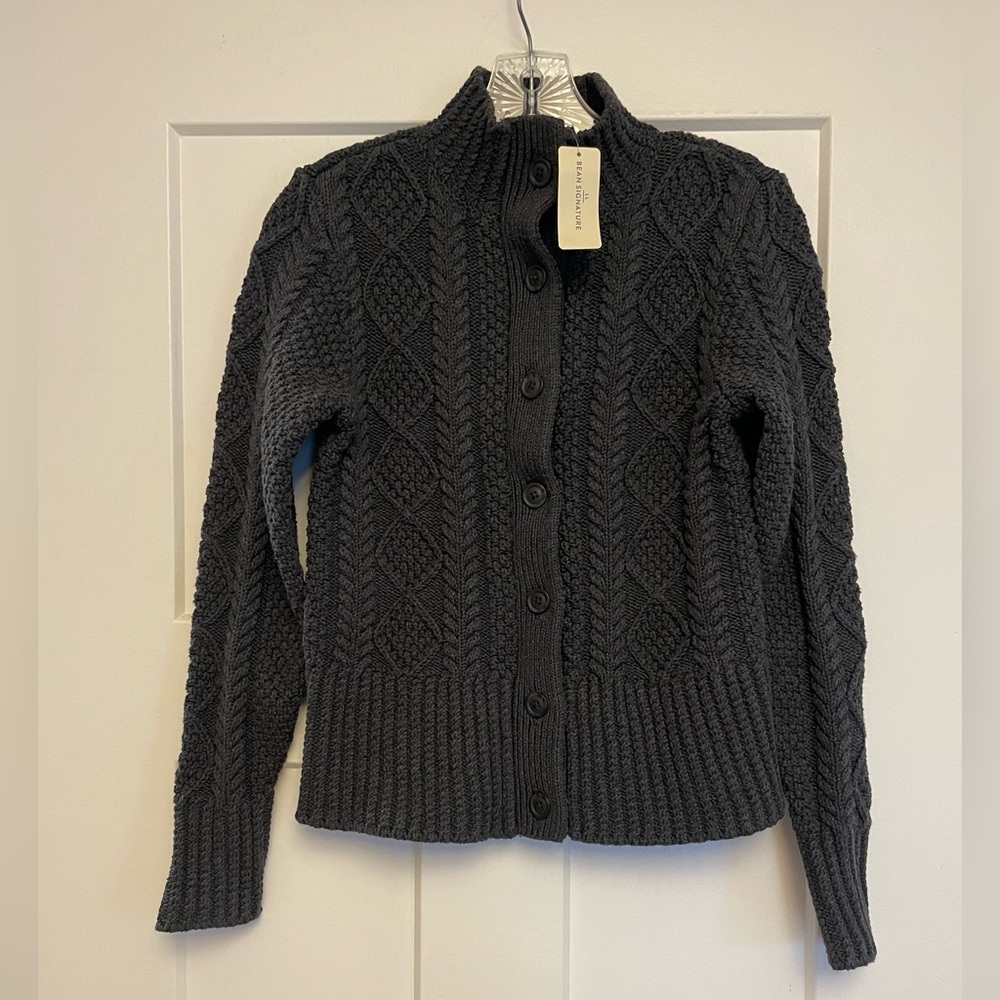 NWT LL Bean Signature Charcoal Cable Knit Cardigan